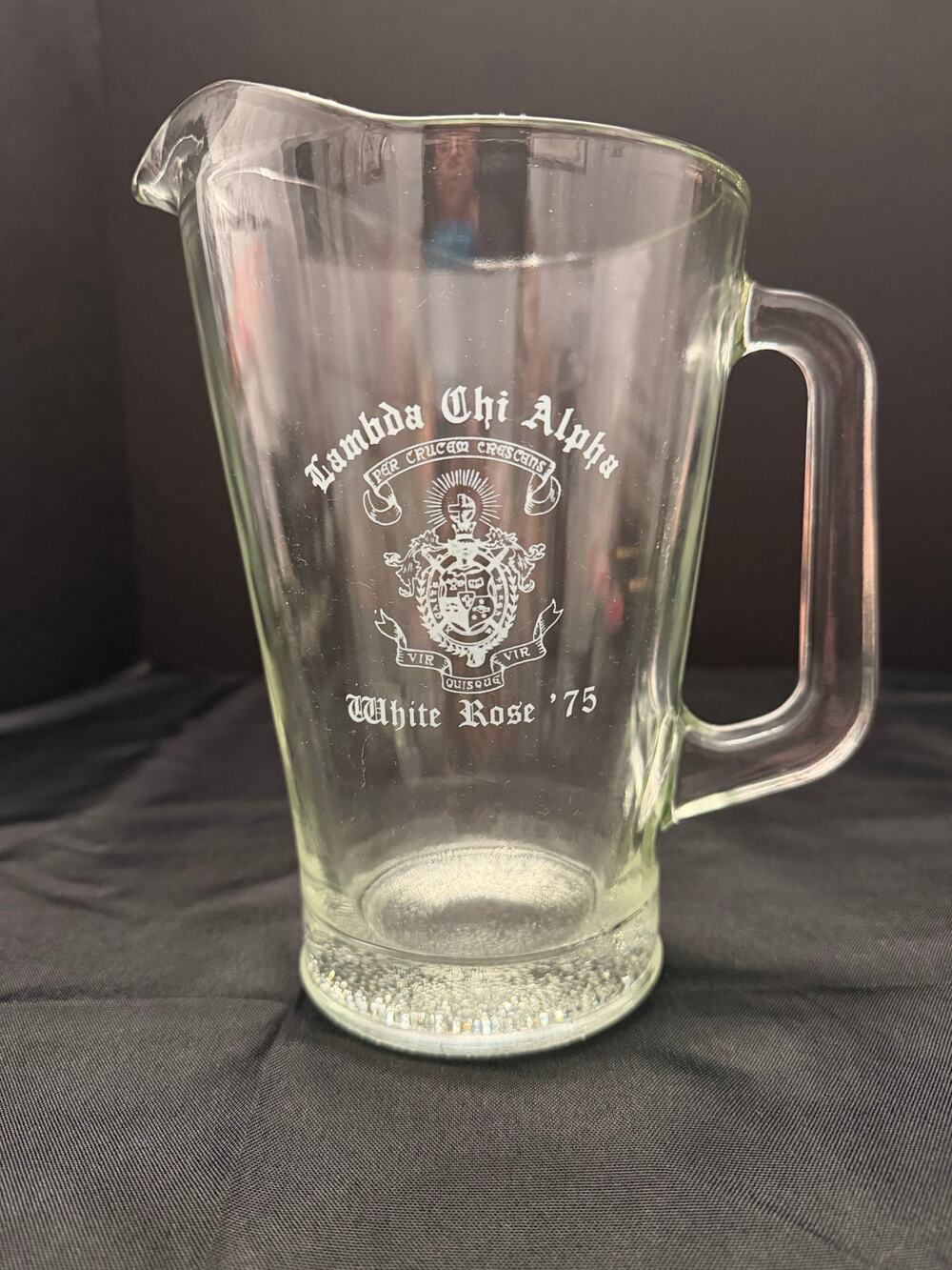 Rare VTG 1975 Lambda Chi Alpha Fraternity White Rose Formal Etched Glass Pitcher